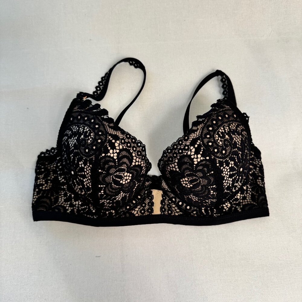 Aerie plunge pushup underwire, black lace/tan lining, Size:32C, preowned